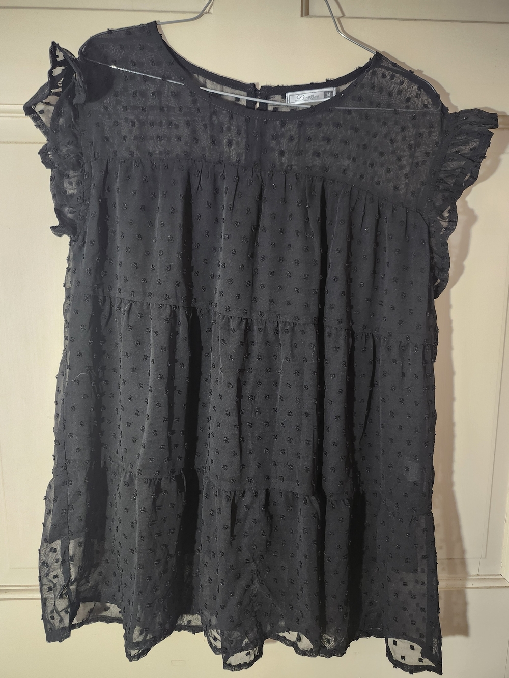 Women's Black Swiss Dot Ruffle Sleeve Blouse
